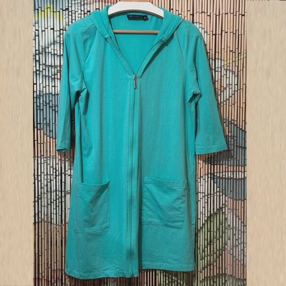 Denim & Co Beach Hooded Zippered Beach Coverup Cotton Blend Jacket, Turquoise, M - Picture 1 of 12